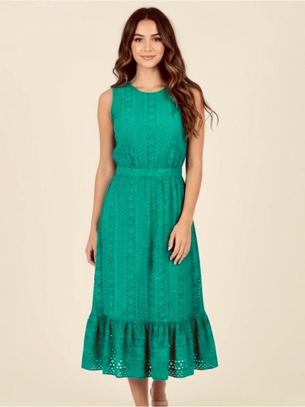 J. Crew Emerald Green Sleeveless Eyelet Midi Dress